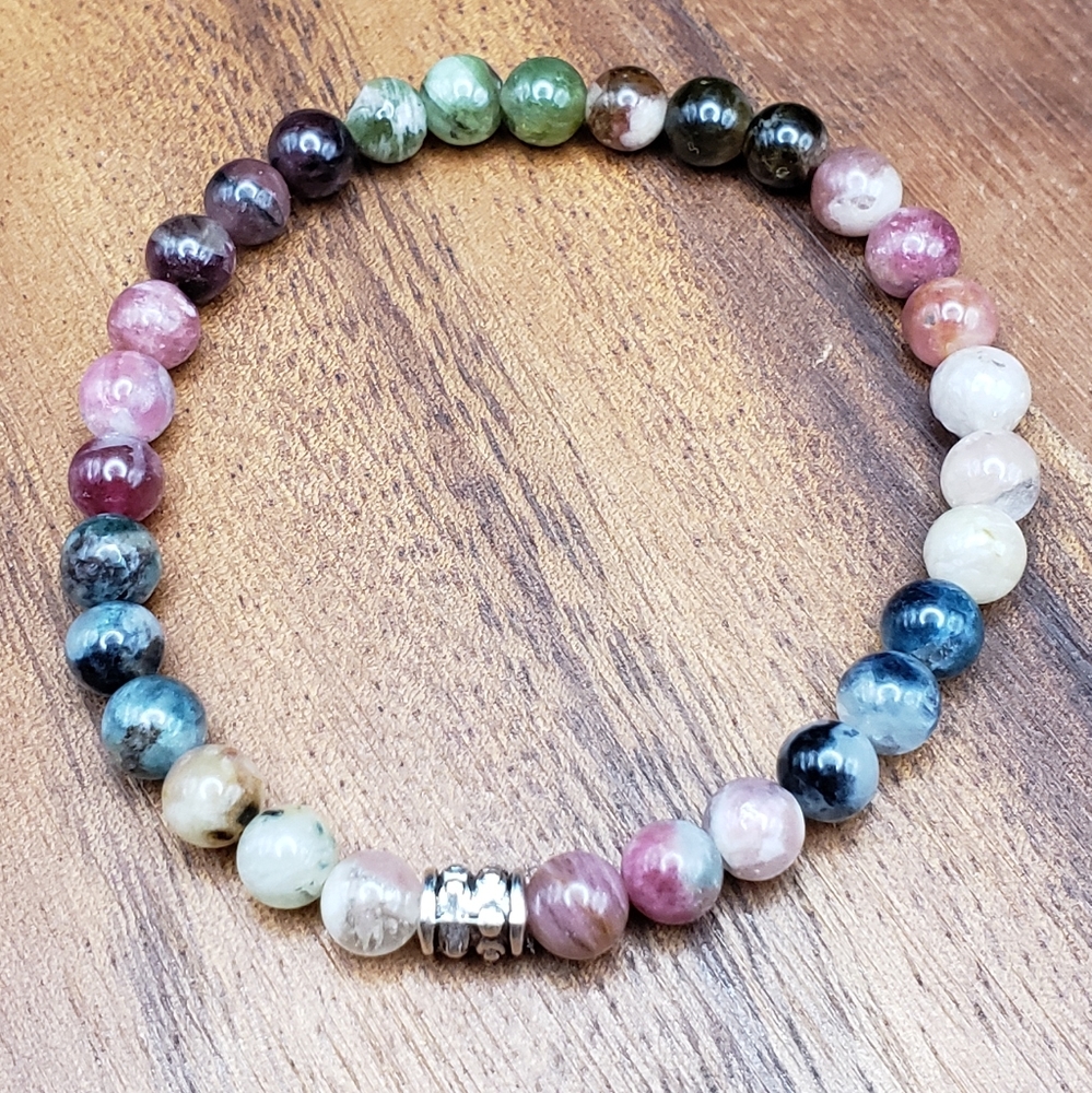 SOLD Watermelon Tourmaline & Silver Accent Beads Bracelet - Picture 5 of 11
